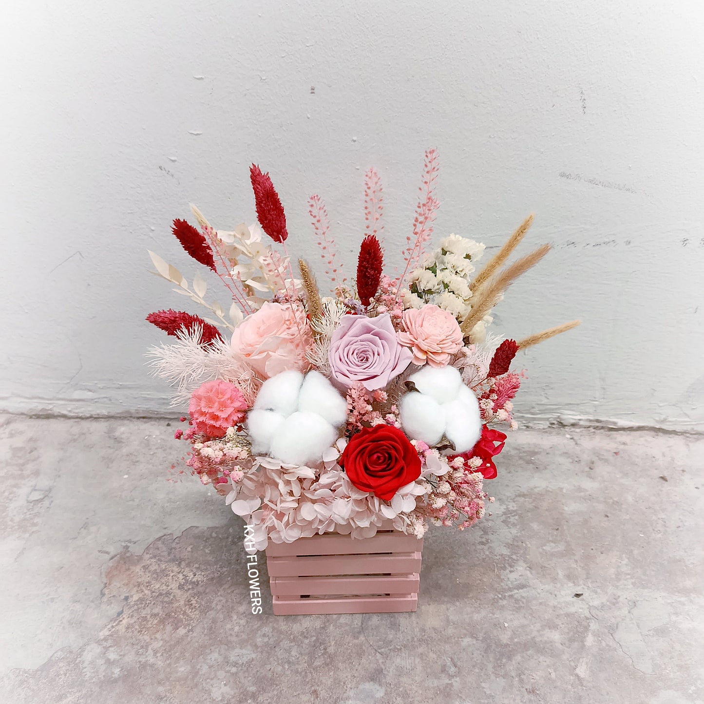 preserved roses in pink wooden crate sg florist free delivery