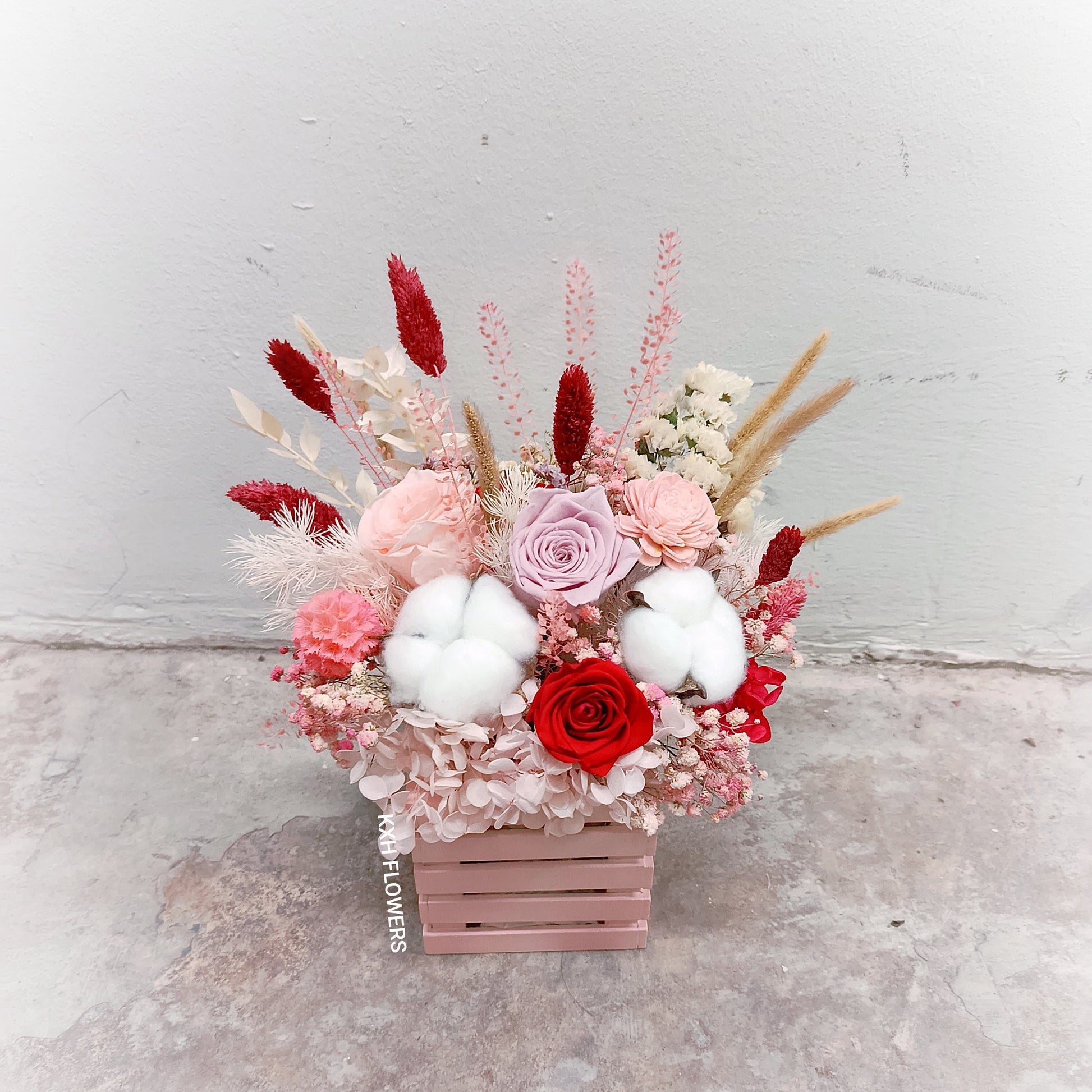 preserved roses in pink wooden crate sg florist free delivery