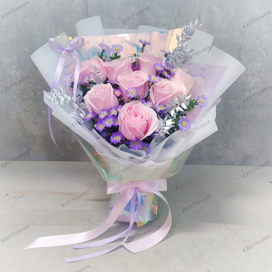 pink roses and purple daisies bouquet free delivery singapore