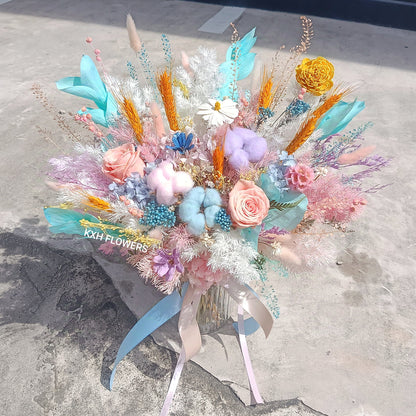 peach preserved roses tiffany blue leaves and other pastel shades of flowers and fillers