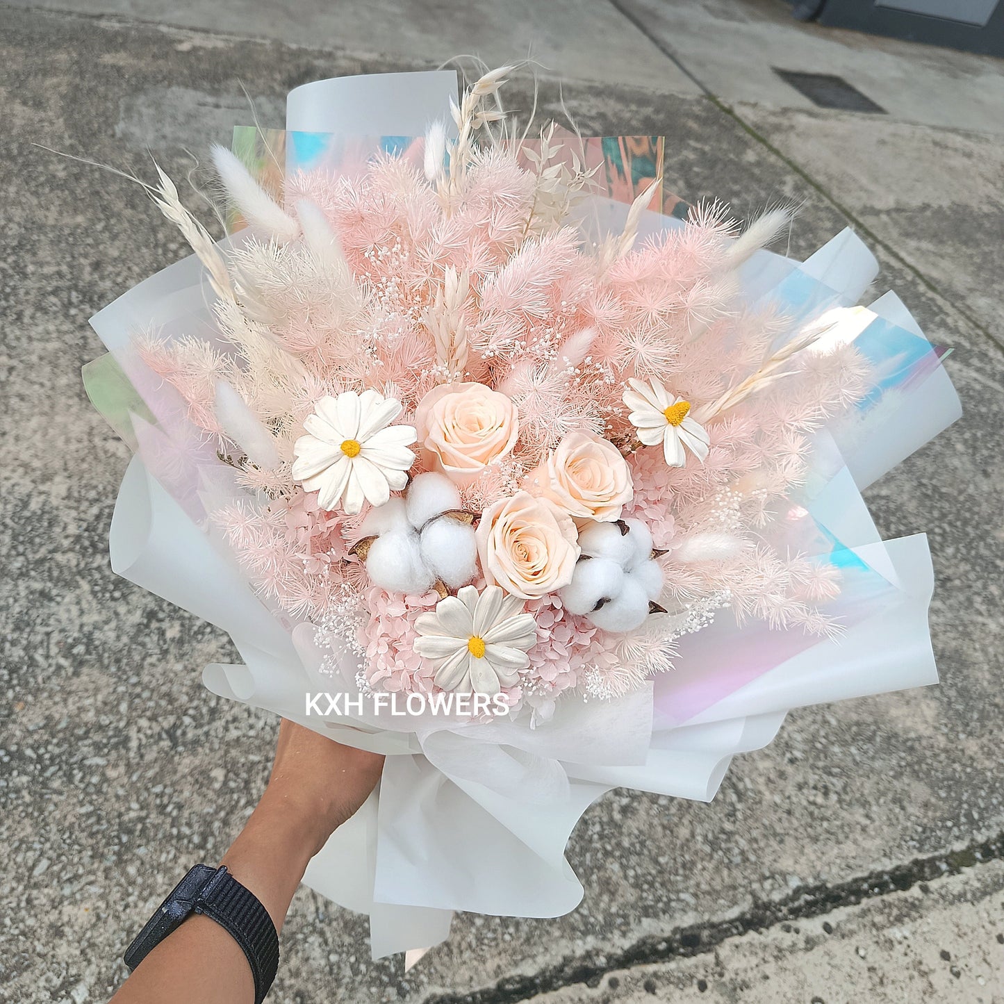 soft pink fillers with 3 champagne preserved roses dried flower bouquet singapore delivery