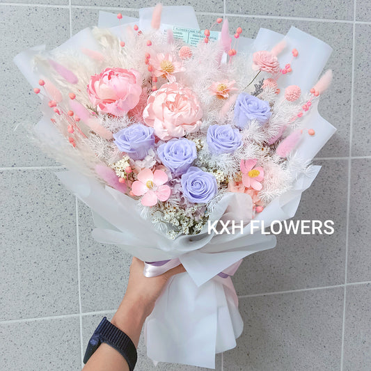 solawood peonies and preserved light purple roses bouquet sg florist kallang bendemeer boon keng