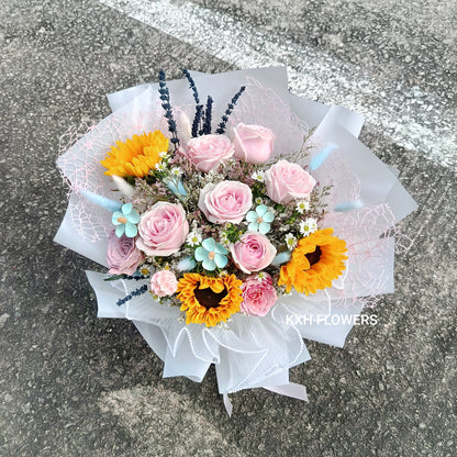 sunflower bouquet with pink roses and mini daisies singapore delivery sg florist