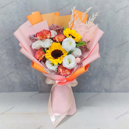 2 sunflowers 4 orange carnations white eustomas fresh flower bouquet sg delivery