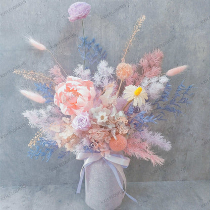 lilac and pink preserved floral arrangement