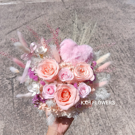 pink and peach roses preserved flower arrangement sg florist delivery