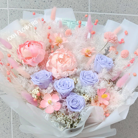 pink peonies and purple roses preserved flower bouquet sg florist kallang bendemeer boon keng