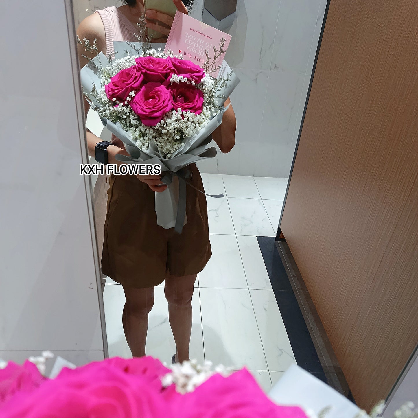 5 hot pink roses with baby's breath valentine's day special singapore florist sg delivery