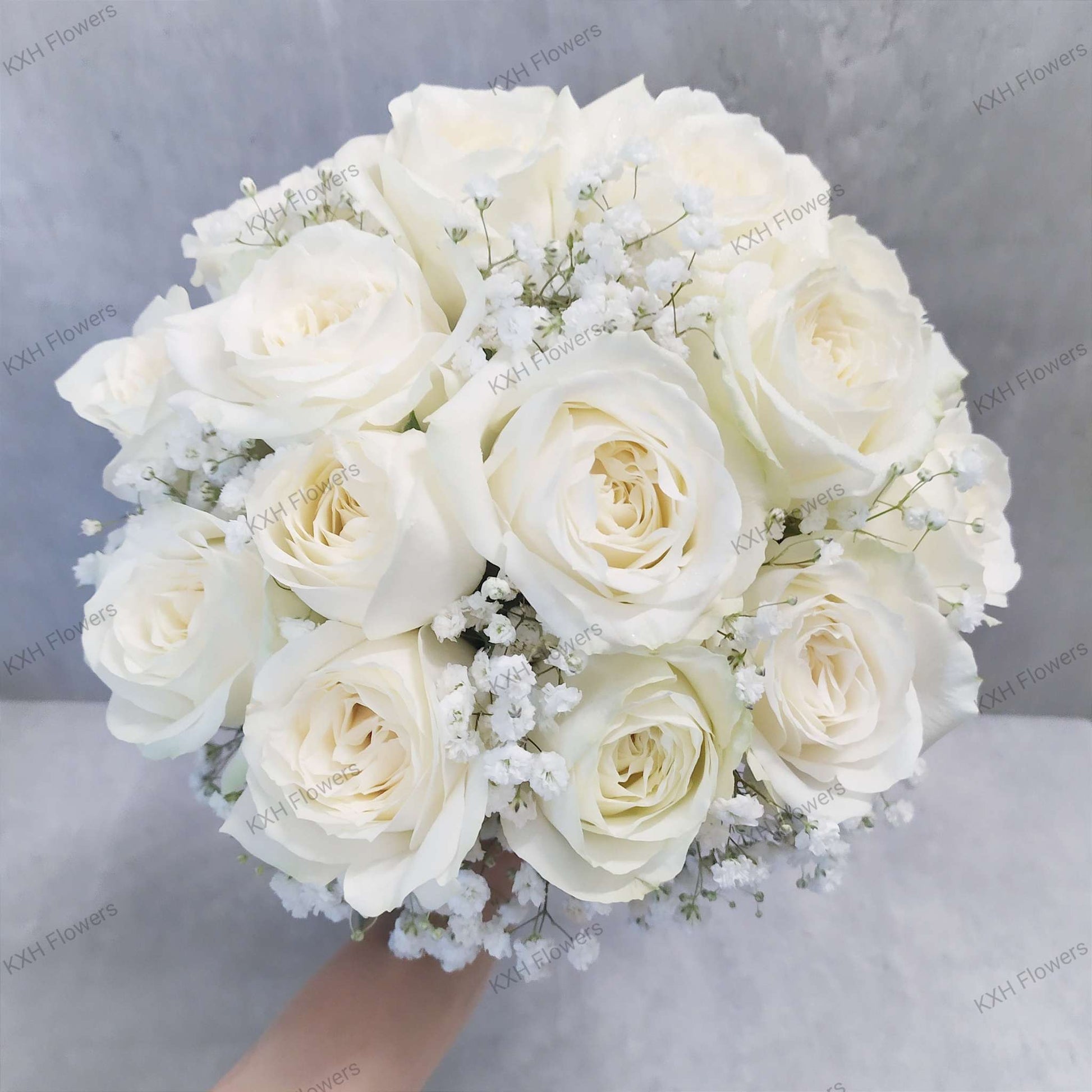 Simple Bridal Bouquet 18 fresh white roses and baby's breath singapore