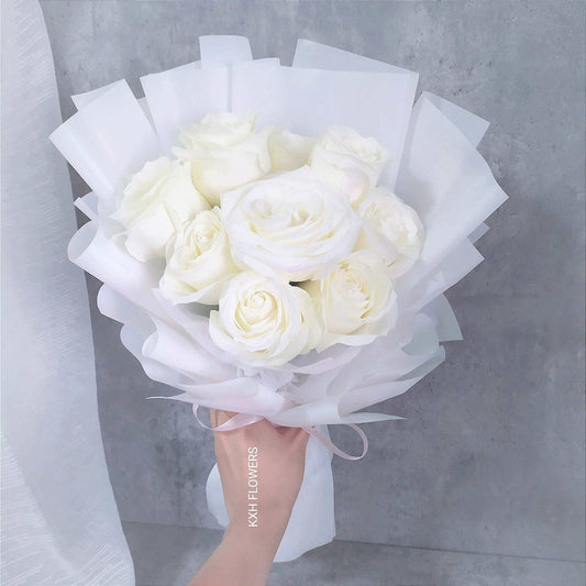 9 fresh white roses bouquet chiffon singapore flower delivery