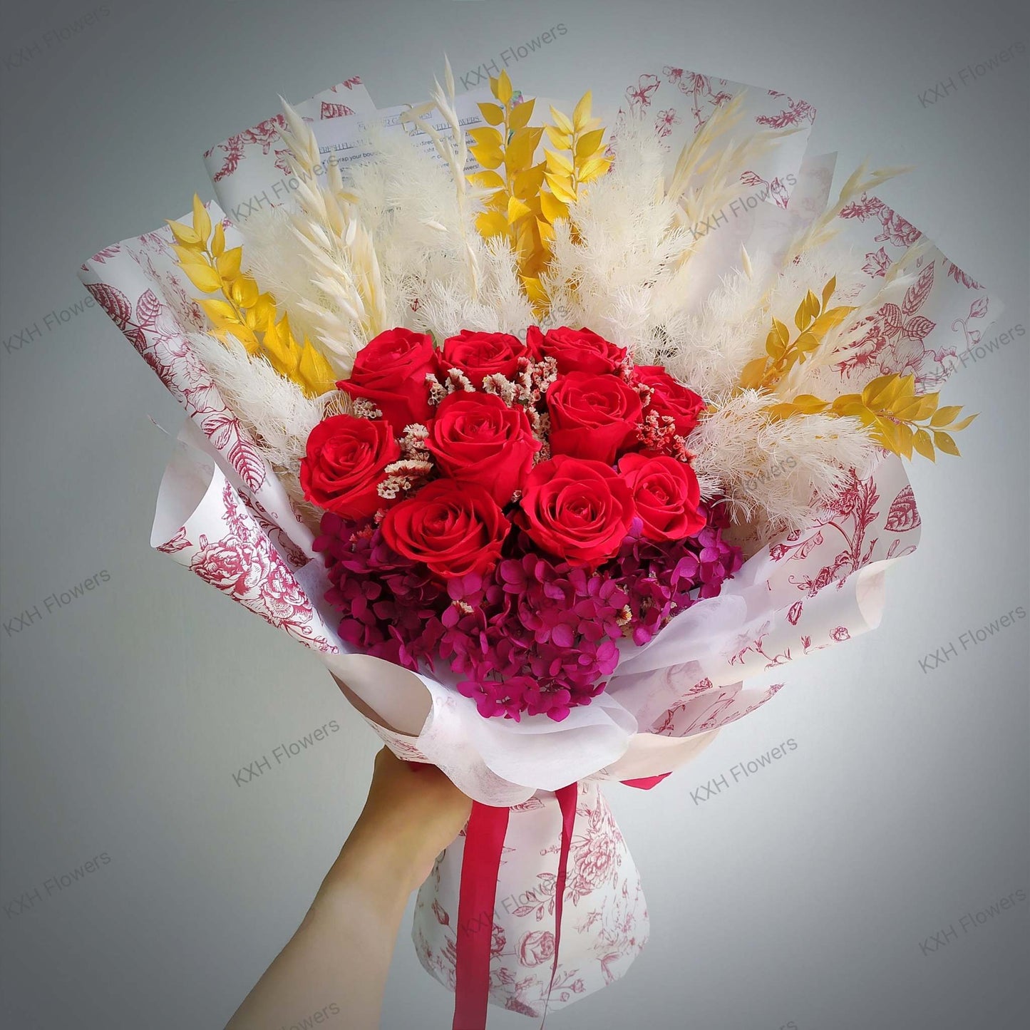 10 red preserved roses bouquet dried flowers sg
