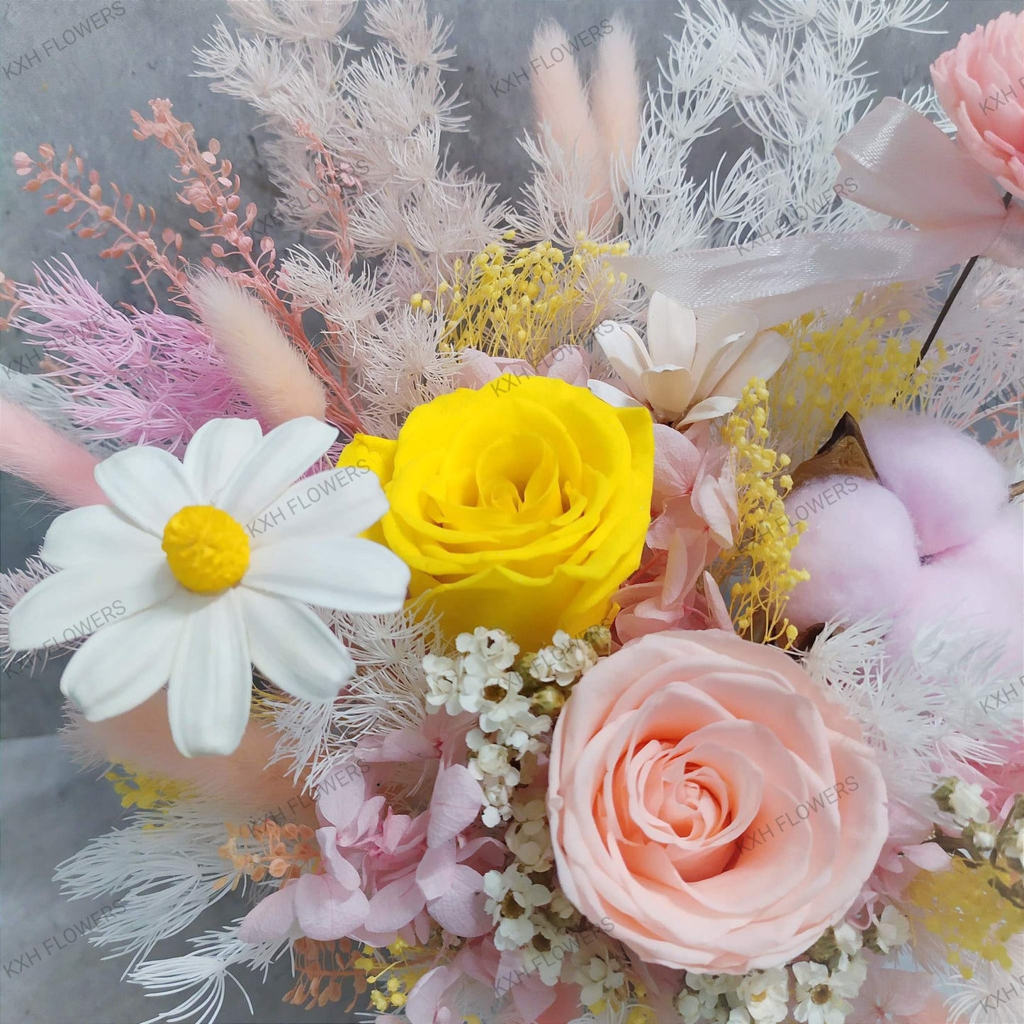 preserved roses with daisy flower arrangement singapore table decor